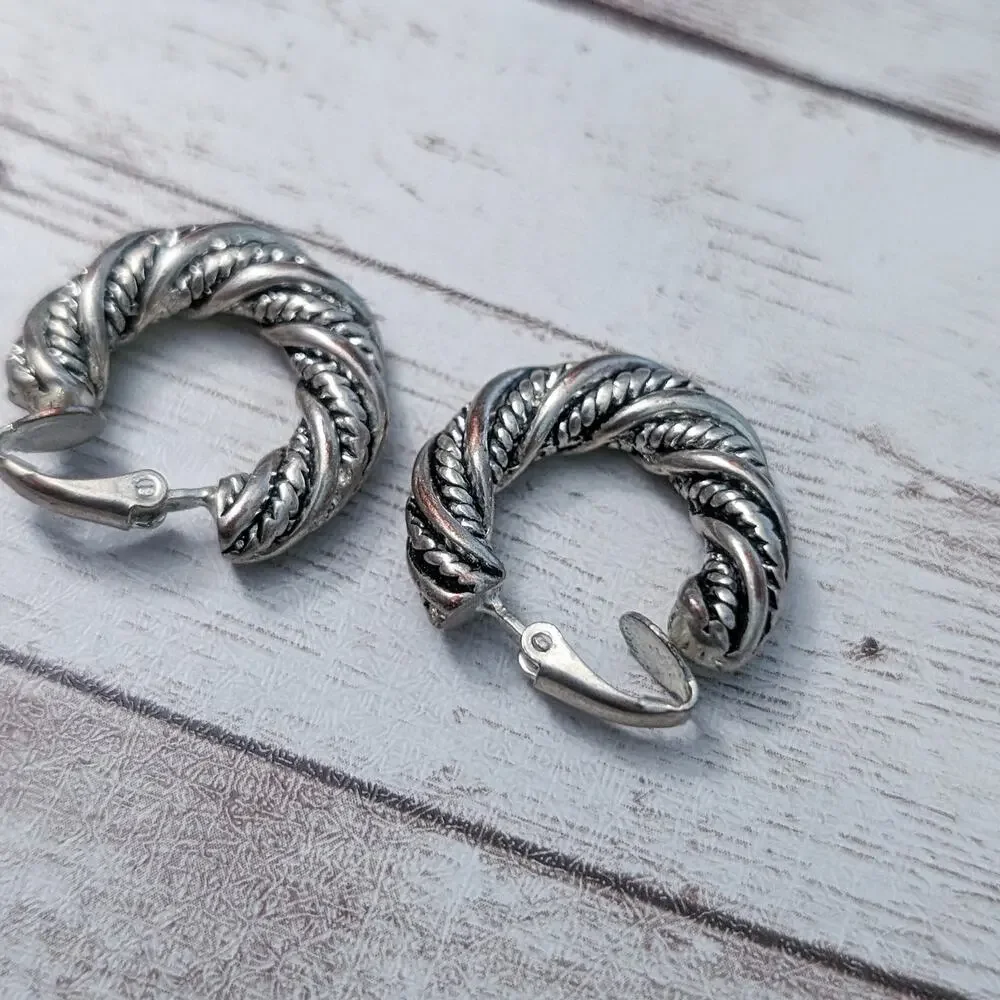 Vintage Clip On Earrings Silver Tone Twisted Rope Style Hoops - Some Tarnish